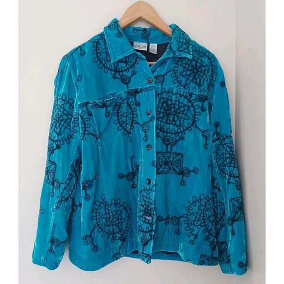 Chico's Tops - Vtg Chico’s Velvet Embroidered Button Down Silk Jacket Top Size 1 Medium 8 Blue